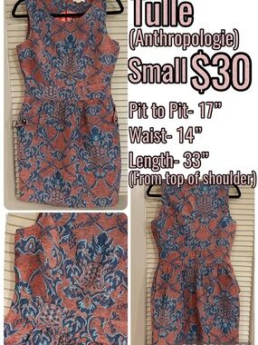 Anthropologie Coral and Blue Tulle Tapestry Dress